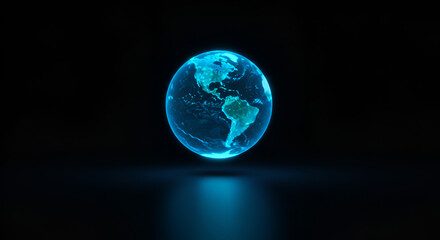 Futuristic holographic earth globe glowing with neon blue light floating over dark reflective surface