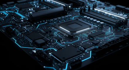 Fototapeta premium Close-up abstract shot of advanced computer motherboard circuitry with neon blue accents