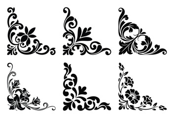 Six ornate floral corner embellishments isolated on white background