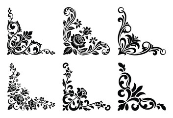 Collection of six ornate floral corner ornaments isolated on white background