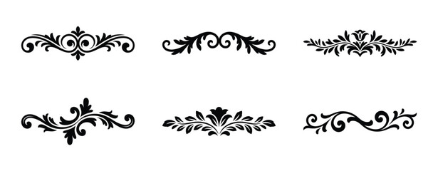 Collection of six decorative ornamental flourishes isolated on white background