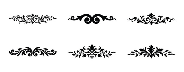 Set of six decorative ornamental flourishes isolated on white background