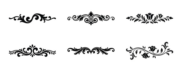 Collection of six ornate decorative floral elements isolated on white background