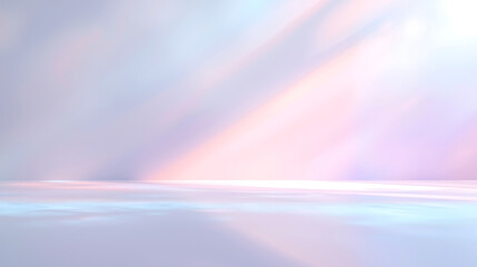 Soft abstract background featuring light pastel gradients, prism-like reflections, and glowing iridescent light beams on a smooth white surface, creating a dreamy, minimal