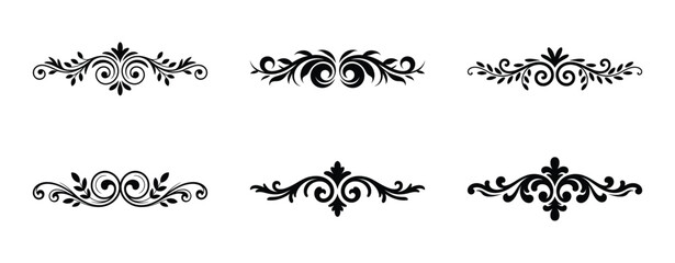 Collection of six black ornamental decorative elements isolated on white background