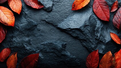 Vibrant autumn leaves arranged artfully on a dark stone surface, showcasing a rich color palette of deep reds and oranges.