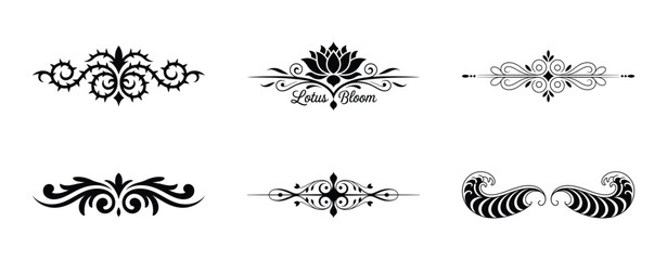 Collection of six ornate black decorative flourishes isolated on white background