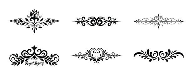 Set of six ornate decorative flourishes isolated on white background