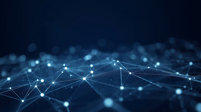 Abstract digital network background with connected white dots and lines forming a polygonal mesh structure on a dark blue gradient background, futuristic technology style, - Powered by Adobe