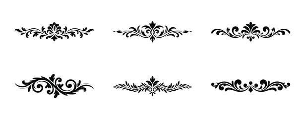 Collection of six ornate black decorative floral elements isolated on white background