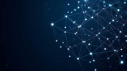 Abstract digital network background with connected white dots and lines forming a polygonal mesh structure on a dark blue gradient background, futuristic technology style,