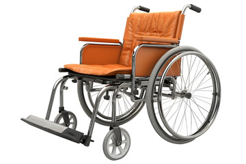 Fototapeta premium Contemporary manual wheelchair with vibrant orange upholstery shiny chrome frame and large spoked wheels transparent