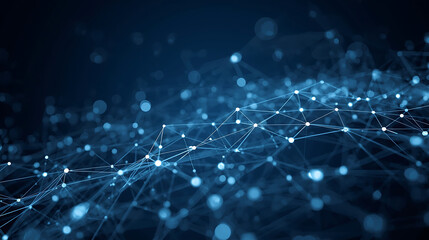 Abstract digital network background with connected white dots and lines forming a polygonal mesh structure on a dark blue gradient background, futuristic technology style,