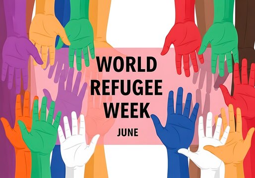 World refugee week june illustration with diverse hands reaching out - Powered by Adobe