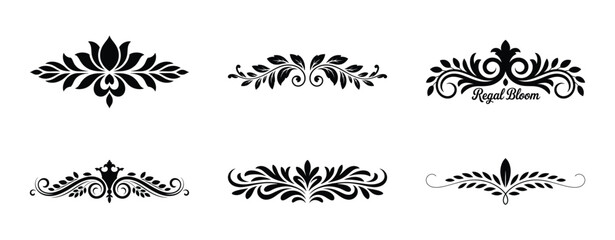 Collection of six ornate black floral decorative elements isolated on white background