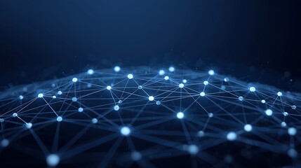 Obraz premium Abstract digital network background with connected white dots and lines forming a polygonal mesh structure on a dark blue gradient background, futuristic technology style,