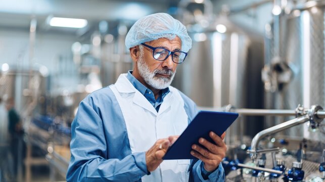 Senior man in a lab coat using a digital tablet in a modern industrial setting with machinery in the background - Powered by Adobe