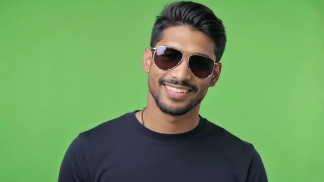 Mann mit Sonnenbrille auf Chroma Key Greenscreen &ndash; isoliertes Video f&uuml;r Compositing und Videoproduktion