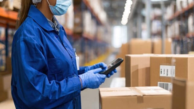 Warehouse worker scanning packages with a mobile device while wearing safety gear in a busy storage area - Powered by Adobe