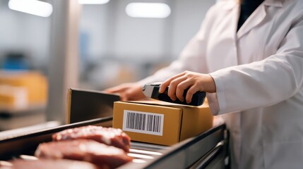 Worker scanning a package in a meat processing facility with raw meat in the foreground and equipment in the background