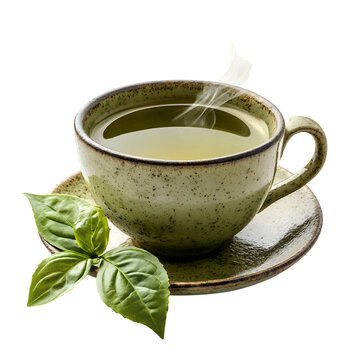 Close up of a steaming cup of green tea on a speckled ceramic saucer garnished with vibrant green basil leaves