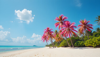 Surreal Tropical Beach with Pink Palm Trees – Vibrant Coastal Fantasy Under Blue Sky