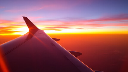 The wing of an airplane is captured during a radiant sunset flight, providing a spectacular view of the horizon painted with the breathtaking colors of dusk.