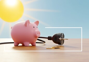 Pink piggy bank with electrical plug and coins on wooden surface