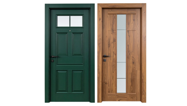 Pair of Movdern Green Doors with Handles and Window Inserts isolated on transparent background