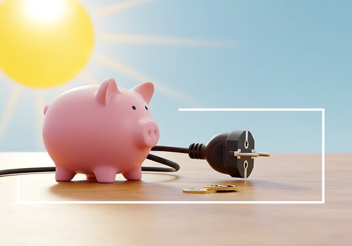 Pink piggy bank with electrical plug and coins on wooden surface  