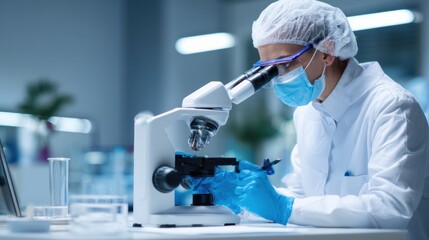 Scientist in a lab coat examining samples under a microscope in a modern laboratory setting