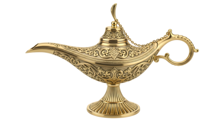 Ornate golden genie lamp isolated on transparent background