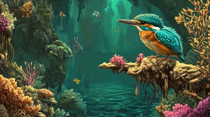 Colorful Kingfisher in a Magical Underwater Grotto with Bioluminescent Corals