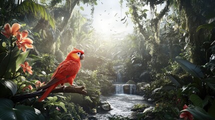 Crimson Parrot Perched in a Sun-Drenched Jungle Oasis by a Cascading Waterfall