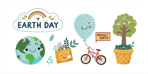 Fototapeta premium Cute Earth Day Vector Illustration Set with Planet Character Tree and Eco Friendly Transportation for Celebration 