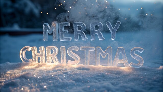 Ice Sculpture of Merry Christmas in Snowy Landscape with Sparkles and Smoke Effect - Powered by Adobe