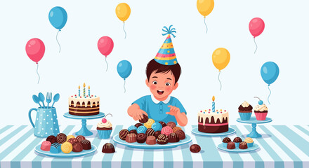 Joyful birthday celebration with a boy surrounded by sweets and colorful balloons party