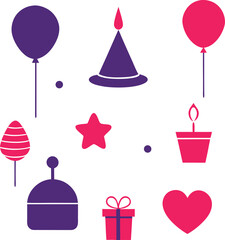 Collection of colorful birthday party elements including balloons hats candles gifts and sweets isolated on white background isolated on transparent background silhouette