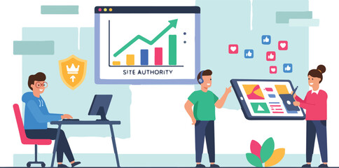 Digital Marketing SEO Strategy and Analytics Vector Illustration. Wide Landscape Content Team Optimizing