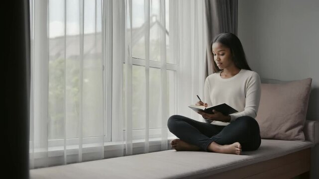 Frau liest ein Buch am Fenster &ndash; ruhiger Moment der Entspannung und Auszeit