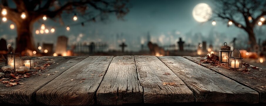 Rustic wooden table in a moonlit graveyard setting with glowing lanterns