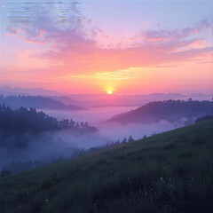 Obraz premium A peaceful sunrise over a misty valley, with soft pastel colors painting the sky, serene and gentle.