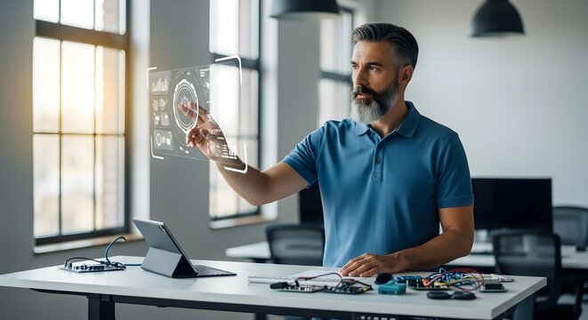 Focused Tech Innovator Working on Advanced Technology Project in Modern Office