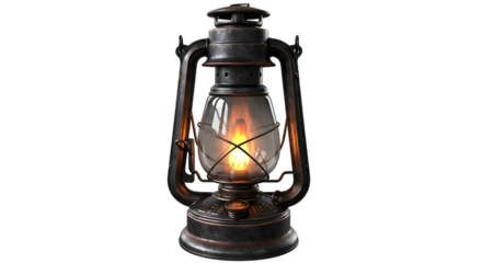 Old kerosene lantern with a glowing wick, isolated on transparent background