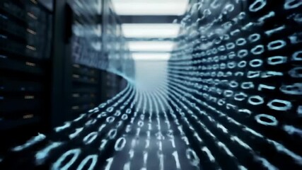 Abstract view of a data center tunnel with a stream of binary digits moving forward - Powered by Adobe