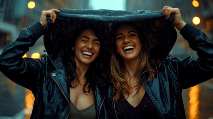 Two young girls laughing, hidden under one jacket in the rain on a city street, joyful and carefree in the glowing night atmosphere.