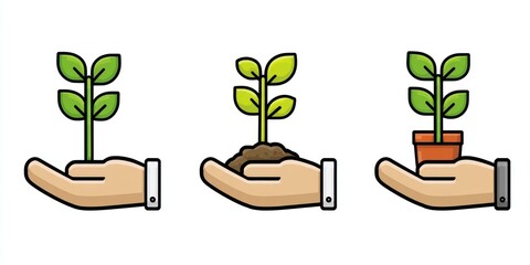 Three hands holding seedlings, showcasing growth and care, in a simple, flat design.
