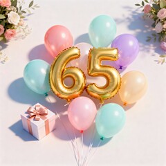 Happy 65th birthday anniversary greeting card with pastel balloons and gift box celebration