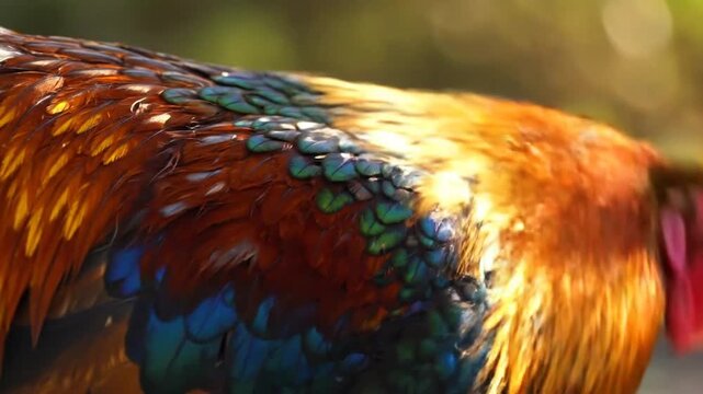 A stunning close-up of a rooster's vibrant, iridescent feathers shimmering in the golden sunlight.
