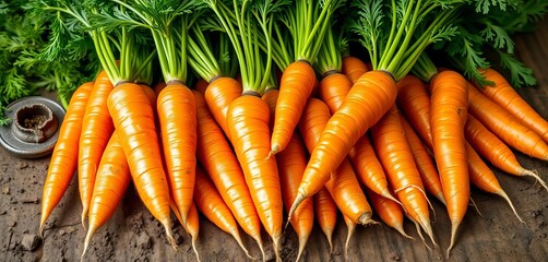 Fresh orange carrots with vibrant green leafy tops, earthy tones, carrot, vegetable